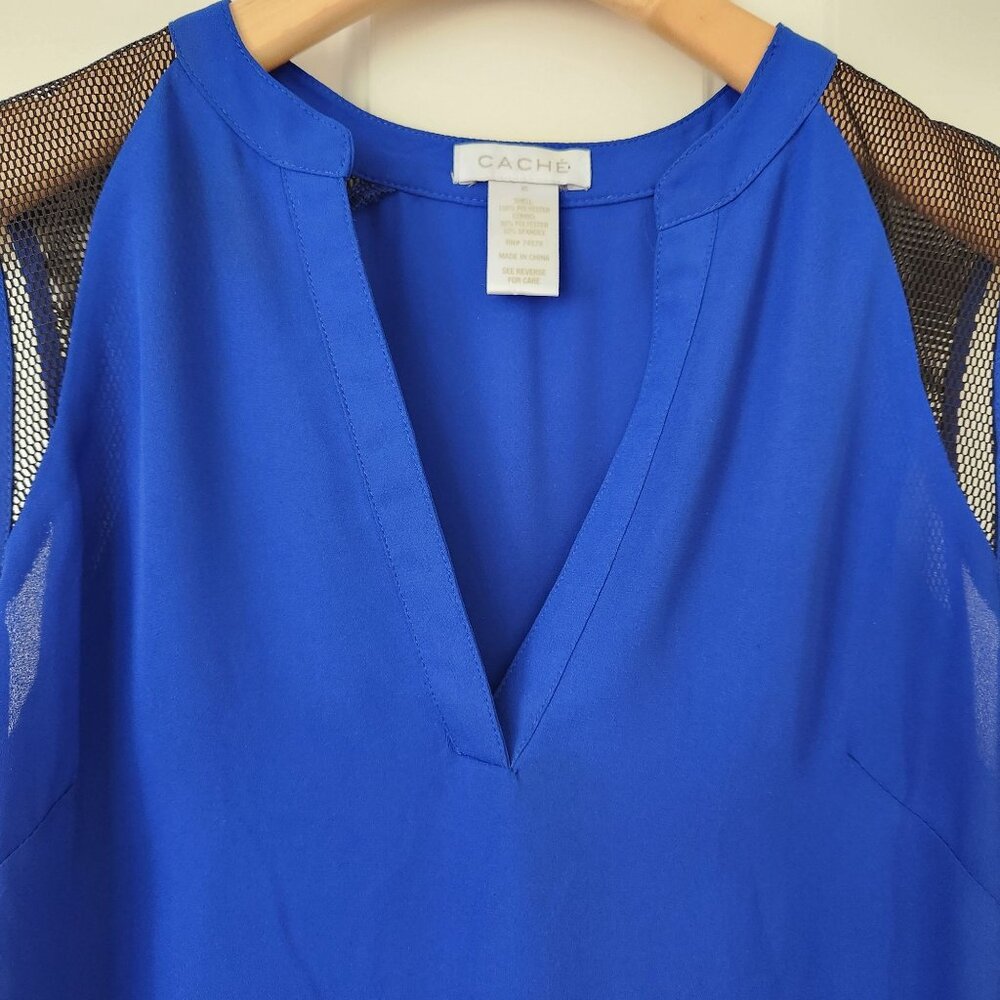Cache Top Blouse Sleeveless Royal Blue Black Mesh Business Casual Work Edgy XS - Picture 3 of 10